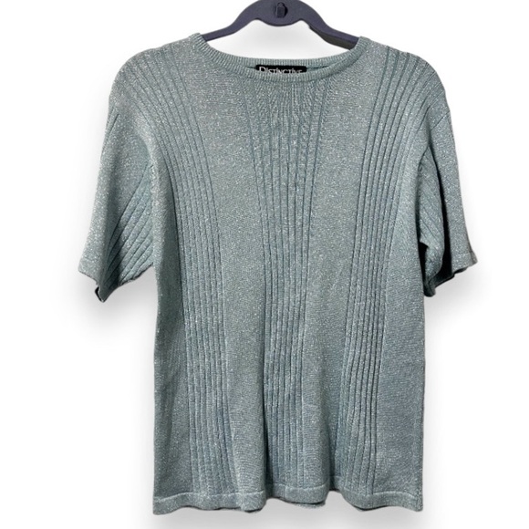 Vintage 90s Ice Blue Metallic Silk Knit Short Sleeve Sweater Women’s Size Large - Picture 1 of 10